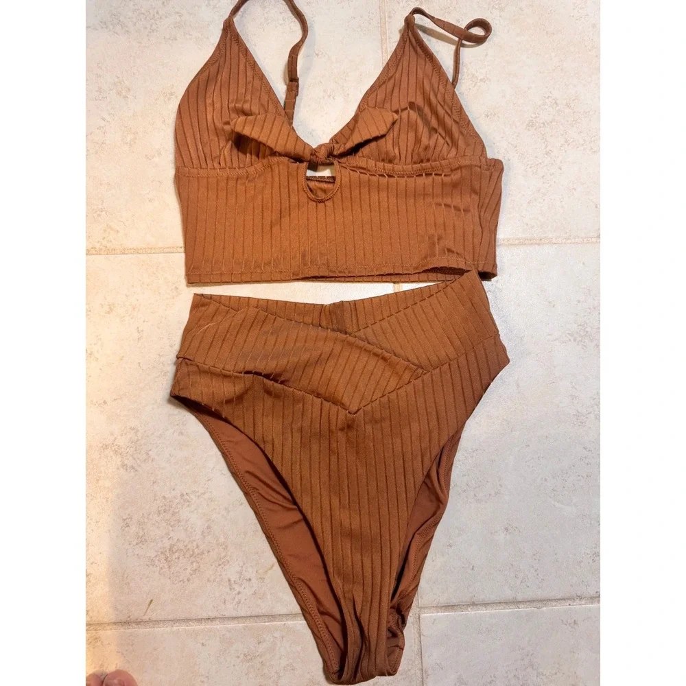Aerie Ribbed Bikini Set Brown Keyhole Tie Front High Waist Cheeky Medium